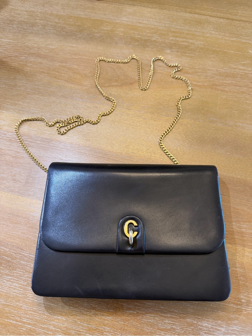 Vintage Christian Dior Elegant Black Leather Crossbody with Gold Chain Strap